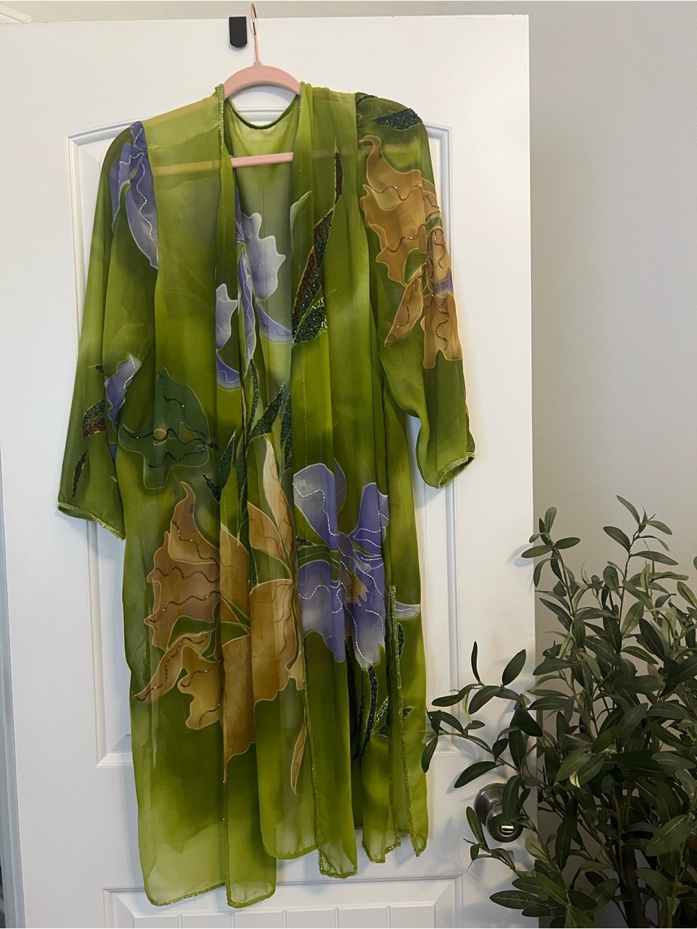 Bohemian Green Sheer Beaded Floral Kimono - Plus Size